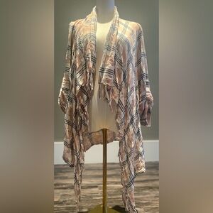 Cream and Navy Cascading Cardigan with Asymmetrical Hem